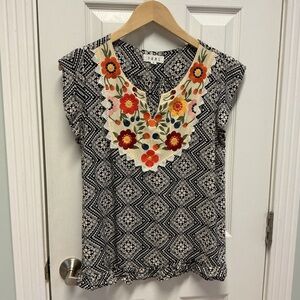 THML SZ M Floral Embroidered Top Mixed Media Crochet Trim Ruffle Hem Boho